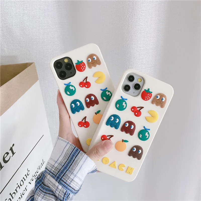 

Hot Pac Man Game and Fruits Phone Case for IPhone 12 11 Pro Max XR XS X 8 7 6 Plus 3D Cartoon Soft Silicone Cover Optional Strap