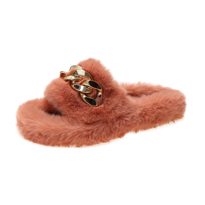 

Large Size Spot In Stock Autumn and Winter Chain Plush Slippers Indoor and Outdoor Plush Flat-bottomed Warm Slippers