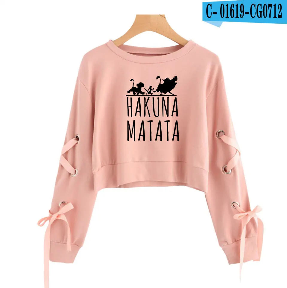 Pink Одежда с рукавами «Король Лев» хакуна матата, ажурные толстовки с капюшоном и бантиком, Женская хлопковая толстовка, сексуальный укороченный топ, одежда - Цвет: Pink
