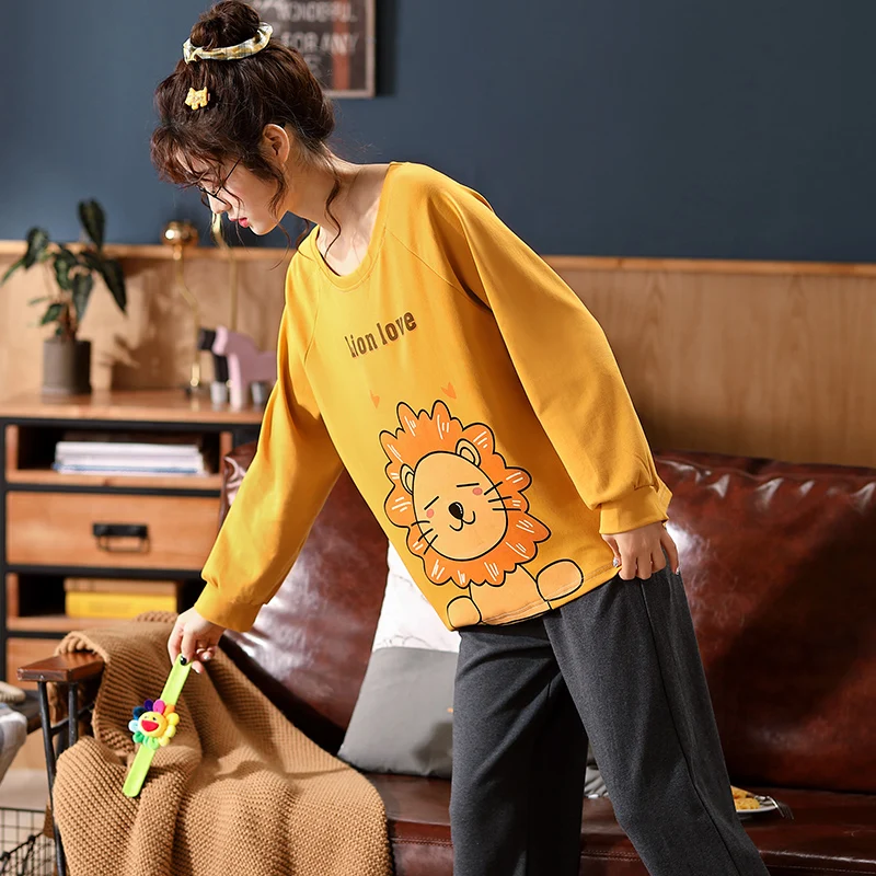Одежда для сна Женская хлопковая с мультяшным львом свободная длинная Пижама |