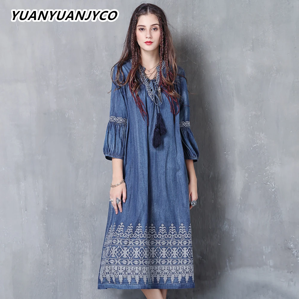 

YUANYUANJYCO Spring Autumn Women Mid-Calf Length Indie Folk Denim Dress LYQ14 Vintage Embroidery Floral Puff Sleeve Long Clothes