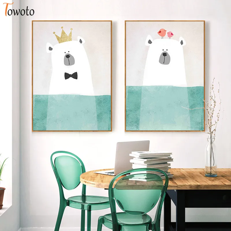 Cute Beer Print Kids Poster Cartoon Canvas Painting Nursery Mint Green Wall Art Children Room Decoration Picture Decor |