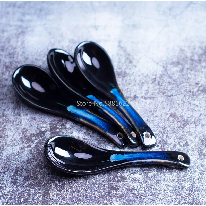 1 шт. японская синяя черная керамическая ложка для печи с длинной ручкой супа