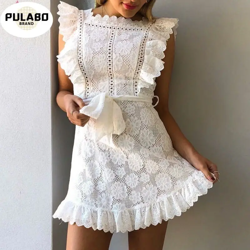 

Elegant Embroidery Lace Women Dress Hollow Out Sashes Ruffles White Summer Dress Slim Sexy Party Lady Dress Vestidos 2021