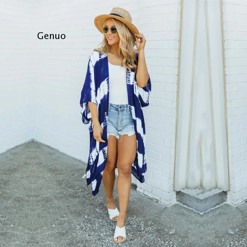 

2021 Blue Boho Striped Robes Bathing Suit Cover-ups Plus Size Beach Wear Long Kimono Dress Women Summer Swimsuit Cover Up