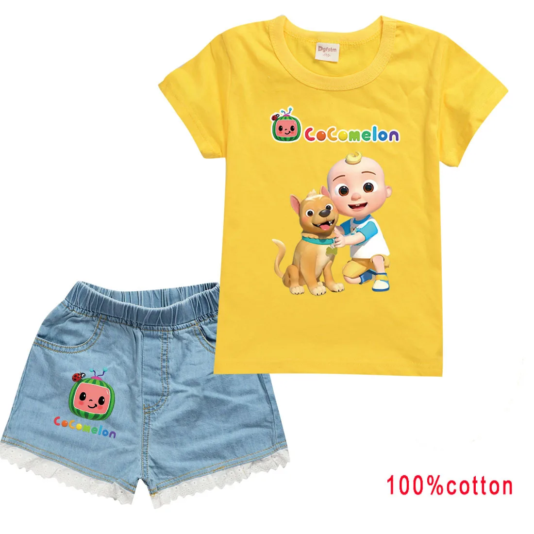 

Cartoon Family Tv Series Cocomelon Jj T Shirt Denim Shorts 2pcs Sets Kids Tracksuit Toddler Girls Watermelon Clothes 100% Cotton