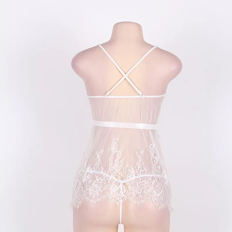 

Ohyeahlover Backless Lingerie Costumes Lace See-through Floral Baby Doll Mujer Erogenous Women Enchanting White G-string RL80034