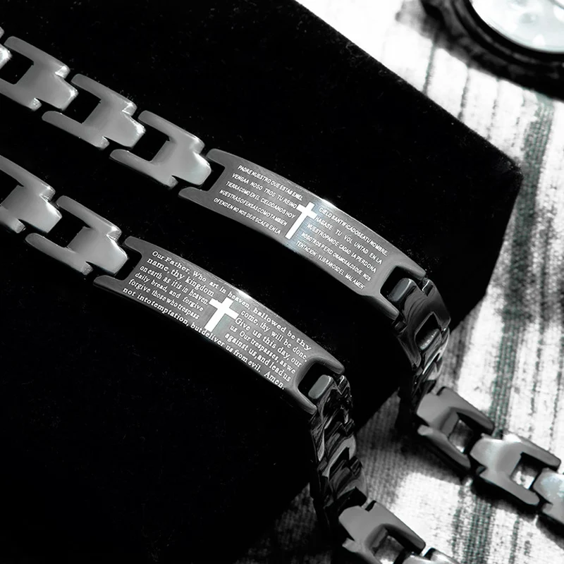 Черный металлический браслет из нержавеющей стали 316L с крестом для мужчин и