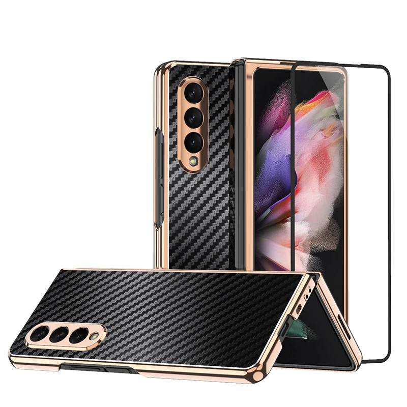 

High-tech Carbon Fiber Plating Frame Phone Case For Samsung Galaxy Z Fold 3 5G Z Fold3 Front Screen Glass Film Protector Cover