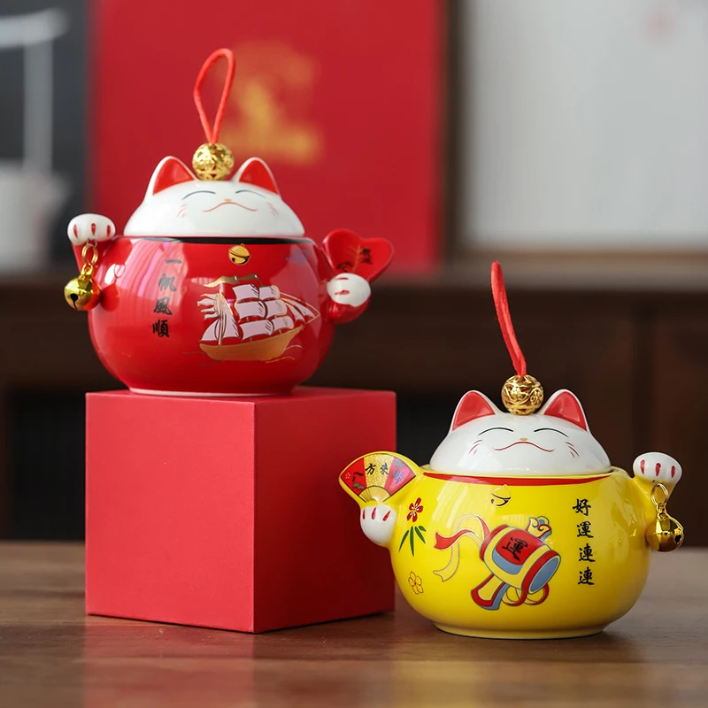 

Maneki Neko Ceramic Tea Jars Cute Spice Jar Kawaii Room Decorrustic Style Lucky Cat Decoration for Room Home Business Gifts Hot