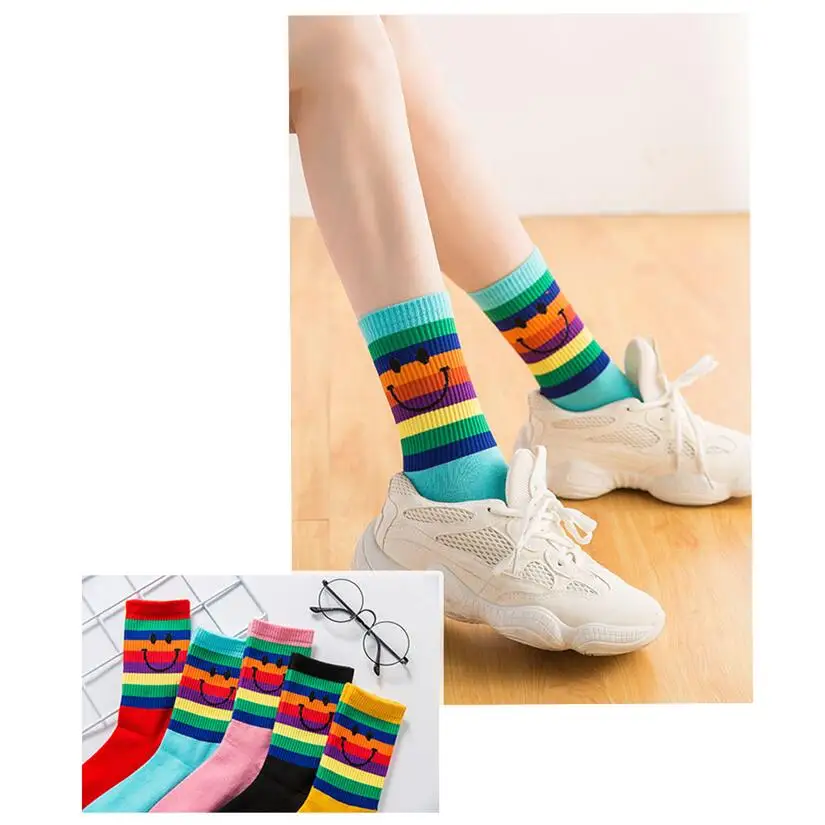 Women Solid Cotton Rainbow Prints Crew Socks Girls Simle Face Multi Color Sock Short Winter Socks Striped Ankle Socks 5pairs/lot