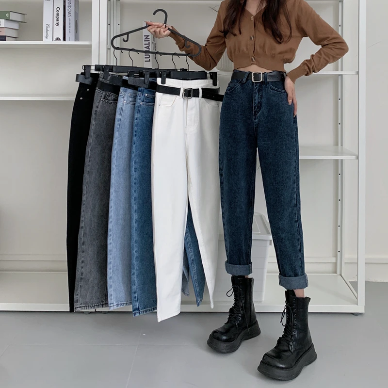 

Винтажные прямые джинсовые брюки с высокой талией для женщин, уличная одежда, свободные женские джинсы на молнии 2021