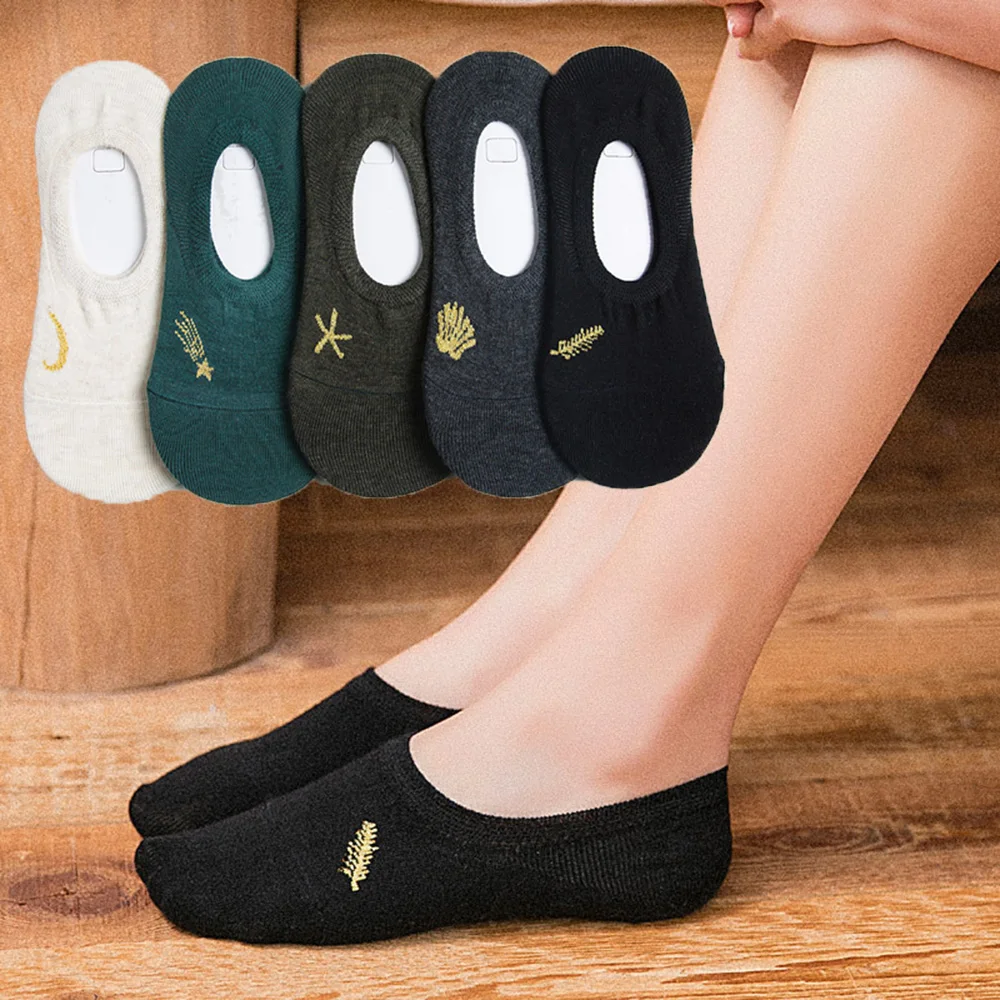 Embroidered Feather Expression Woman Socks Cool Invisible Cotton Brand Casual Boat Socks Spring Summer No Show Cotton Socks