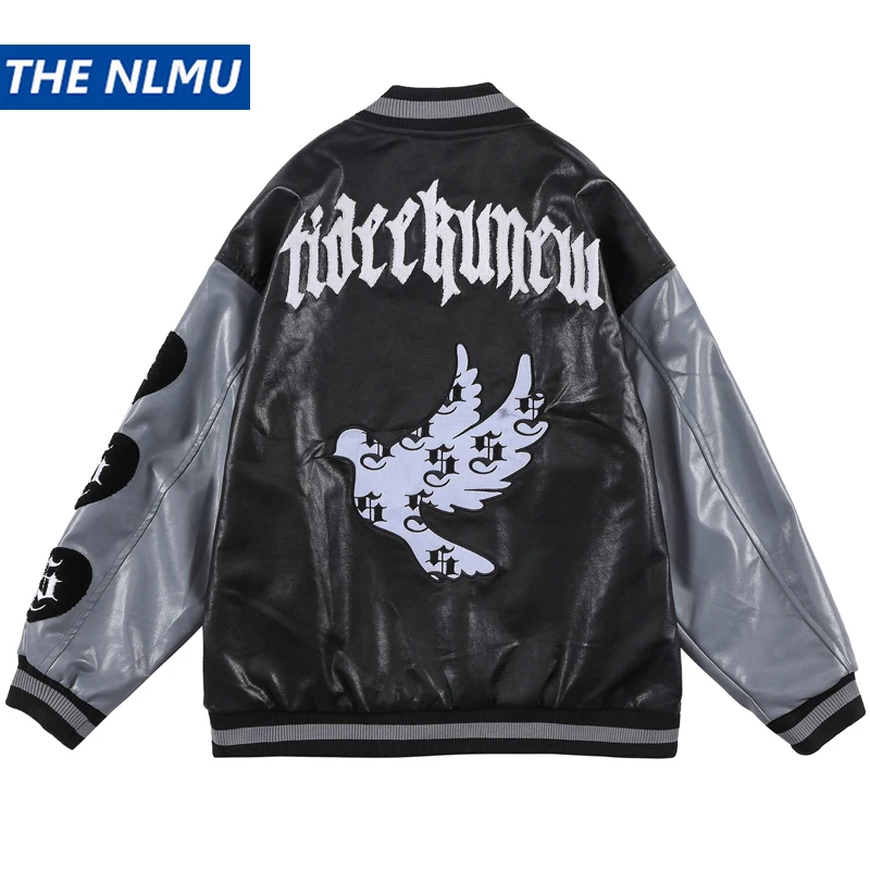 

Hip Hop Baseball Jacket PU Leather Varsity College Coat Letter Embroidery Jackets Mens Harajuku Streetwear Clothes WE321