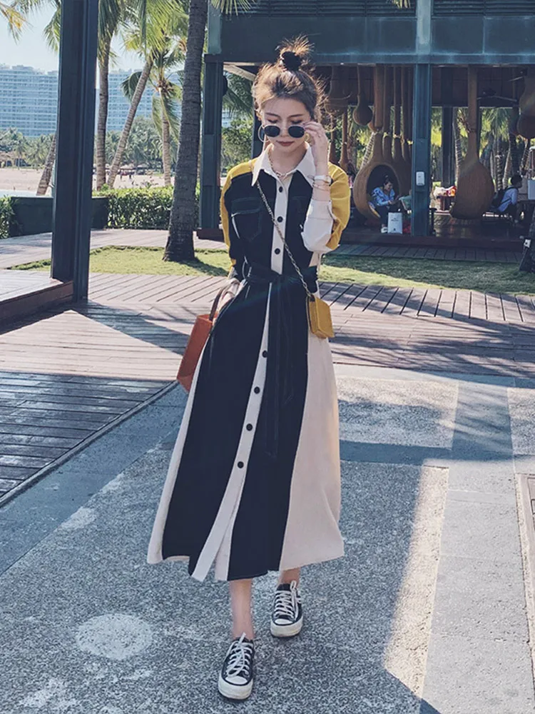 

High-End Fashion Design Hepburn Contrast Shirt Stitching Dress Woman French Spring Summer Long Dress Gentle Retro Office Lady