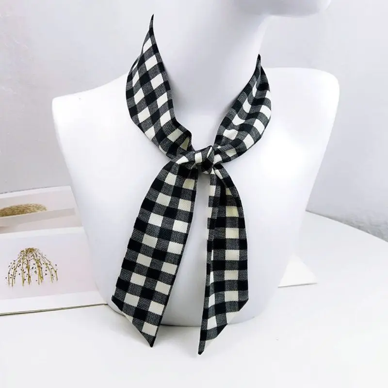 

90x5cm Women Skinny Neckerchief Vintage Checked Plaid Polka Dot Hair Tie Decorative Neck Scarf Handbag Wristband Ribbon Headband