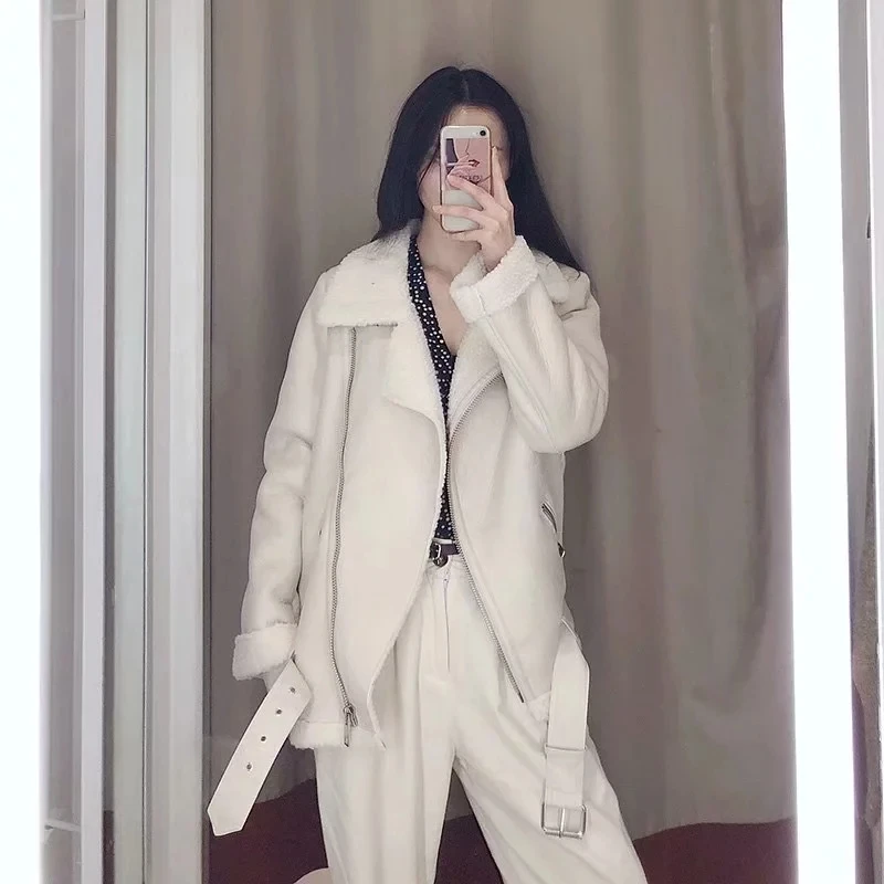 Куртка женская из искусственной овечьей кожи с ремнем | Женская одежда