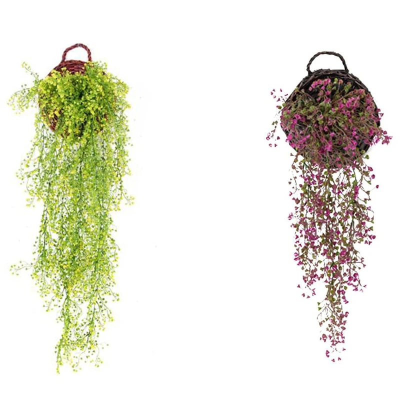 

2X Artificial Flowers With Basket,Flower Plant Wall Hanging,Flower Pot Decoration,For Garden/Outdoors Purple & Yellow
