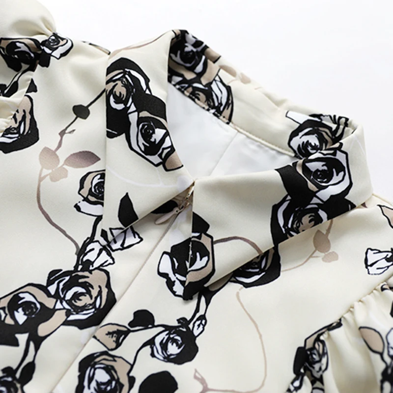 

GALCAUR Print Dress For Women Lapel Collar Puff Short Sleeve High Waist Zipper Hit Color Pullover Mid Dresses Female 2021 Summer