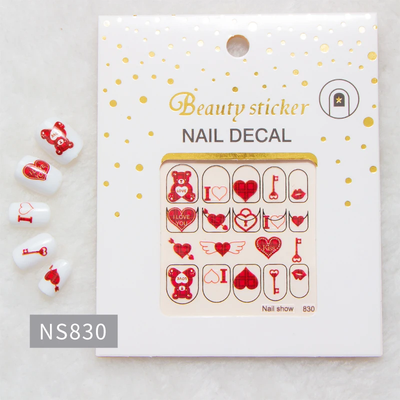 

1 Pc 3D Red Love Bear Nail Stickers White Lace Flower Bronzing Dots Design Nail Art Decals Manicure Decoration Nail Accessories