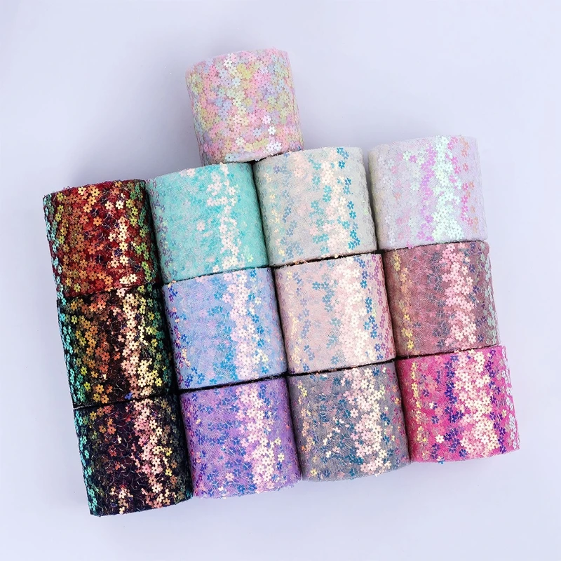 

6inch 10Yards DecorativePlum Flower Sequins Tulle Ribbon Rolls Wedding Decoration Halloween Party Gift Ribbon