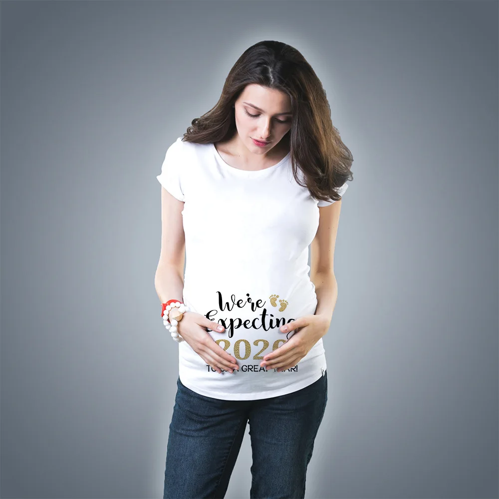 

Female T-Shirt Letter Print Round Neck Short Sleeve Cotton T-Shirt Pregnant Women's White Maternity Clothings Tees