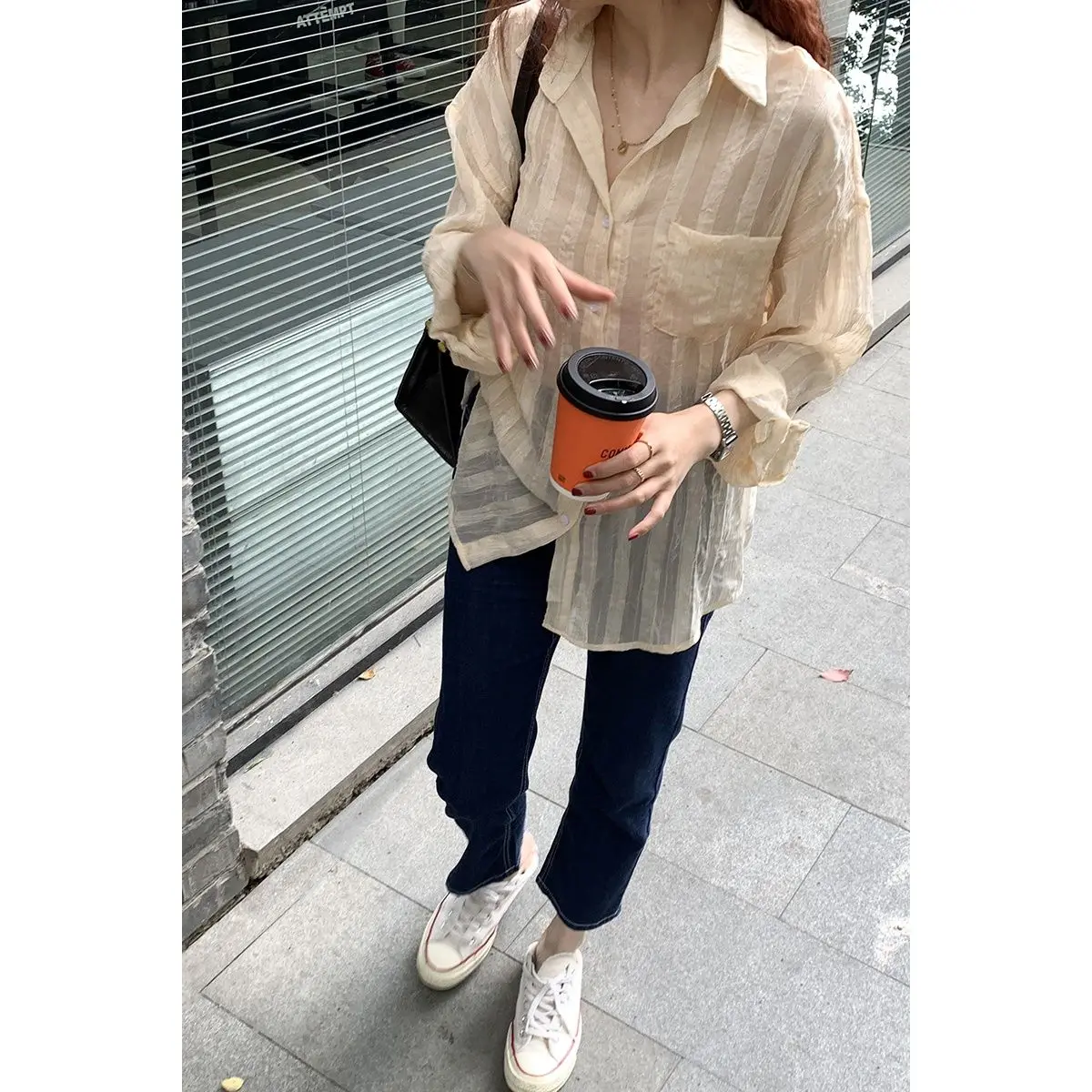 

4xl Pluse Size Micro See Through Stripe Blouse For Women Summer Thin Single Breasted Turn Down Collar Long Sleeve Shirt Top