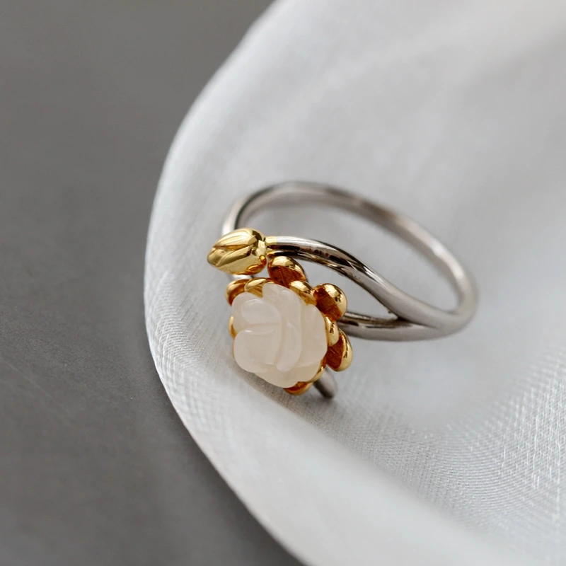 Аутентичные 925 Серебряные кольца с инкрустацией из натурального белого нефрита в