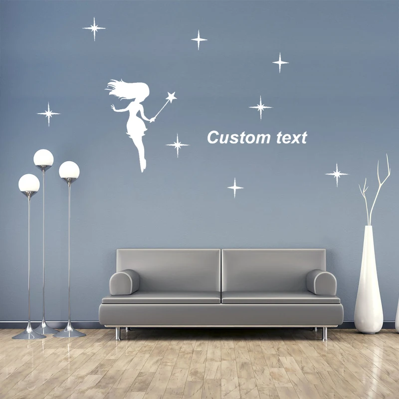 

Personalized Custom Name Baby Girls Room Decor Wall Stickers Little Fairy And Stars Sticker For Kids Bedroom Background Mural