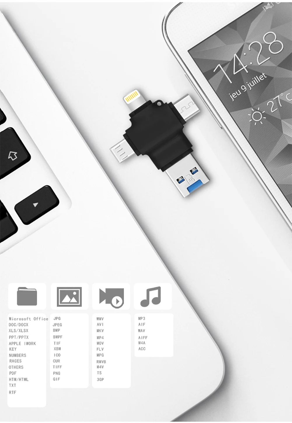 BRU 4 в 1 картридер для iPhone5 6s 7Plus 8X MicroSD TF карта памяти для iPad Macbook type-c Android телефон OTG адаптер