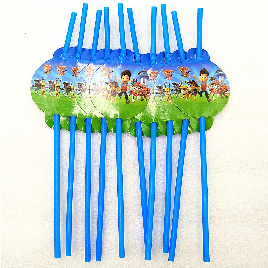 Drinking Staws 10pc Из мультфильма «Щенячий патруль» для дня рождения украшения, товары для вечеринки для маленьких мальчиков посуда скатерть тарелки чашки баннеры подарки с рисунками из мультфильма «Щенячий патруль» Детские сувениры - Цвет: Drinking Staws 10pc