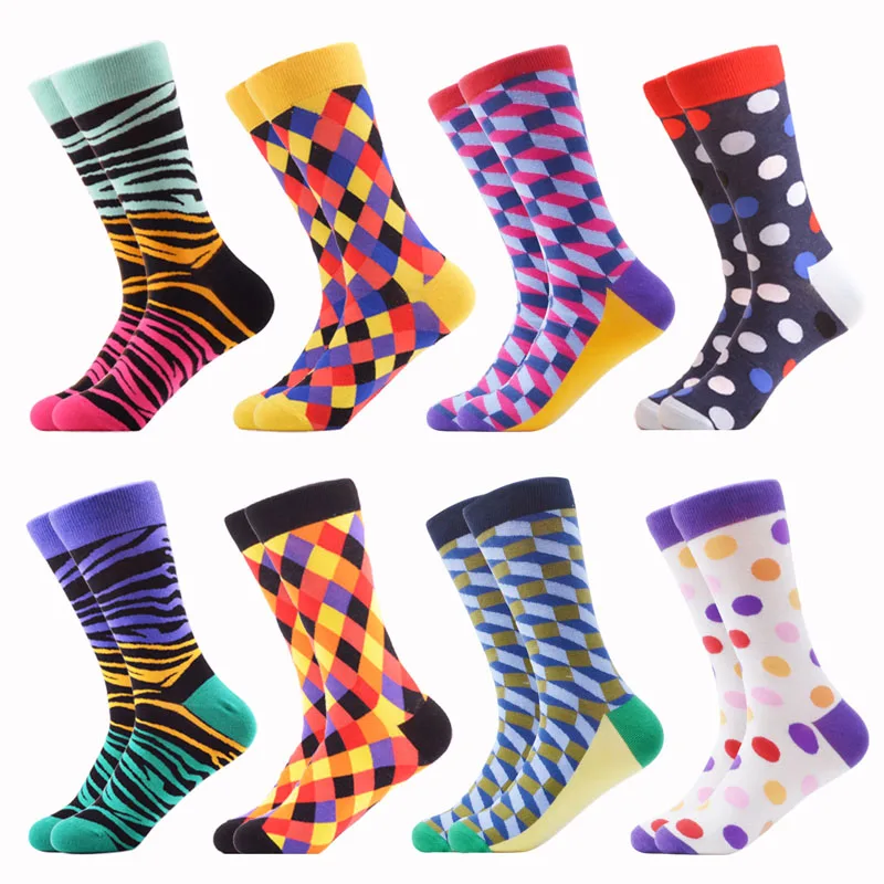 06658 (8pairs) SANZETTI, цветные мужские забавные носки без пятки из чесаного хлопка, платье с геометрическим рисунком, новинка, уличные носки для катания на коньках, носки для свадьбы, счастливый подарок - Цвет: 06658 (8pairs)