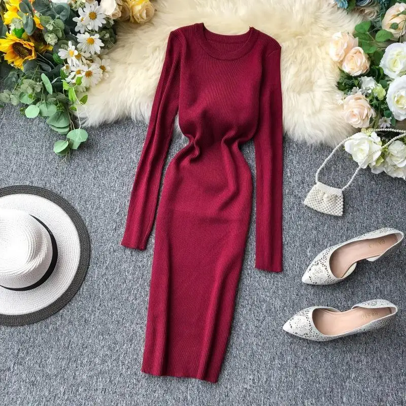 2019 женское осеннее зимнее Повседневное платье свитер облегающее однотонное