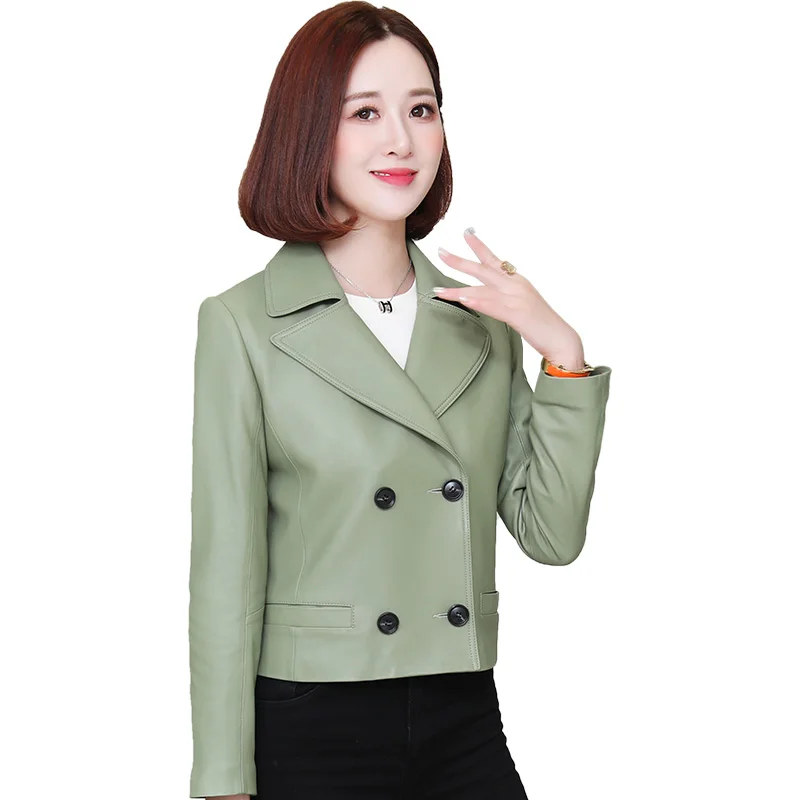 

Short slim high waist motorcycle small leather jacket lapel sheepskin new spring and autumn leather coat for women