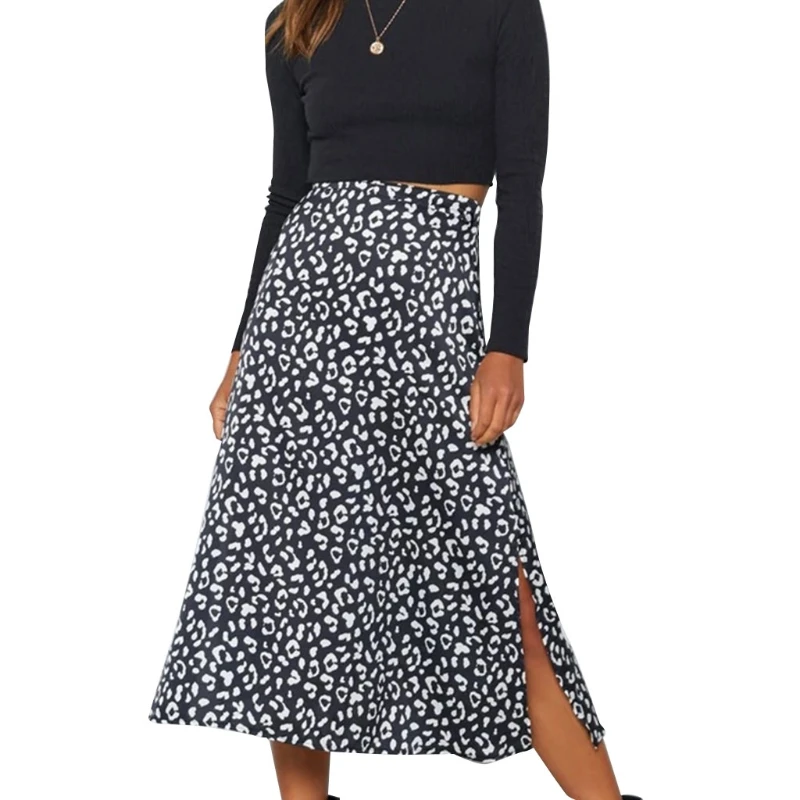 

Womens Summer High Waist Leopard Print Chiffon Midi Long Skirt Sexy Side Split Zipper Casual Slim Fit A-Line Beach Party L41B