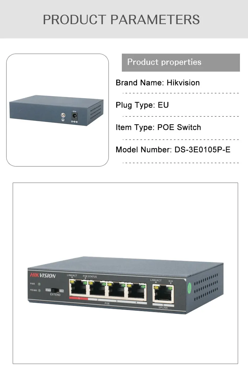 Hikvision DS-3E0105P-E Неуправляемый коммутатор PoE 5 портов 10/100 Мбит/с адаптивный металлический материал для 4CH NVR и CCTV IP камер