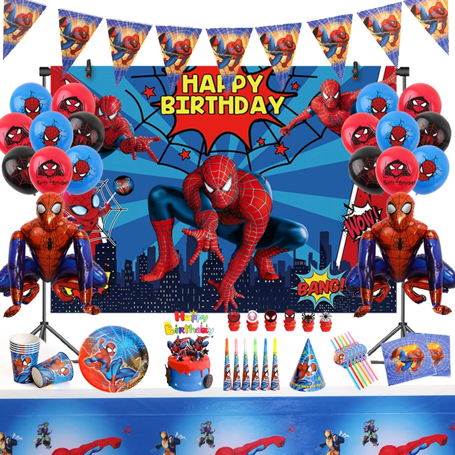 

Одноразовая посуда «Человек-паук», праздничное украшение на тарелке, чашке, соломенная скатерть, воздушный шар, детский день рождения
