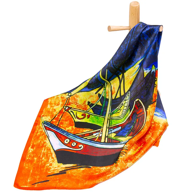 100% Шелковый женский шарф с рисунком носовой платок рыболовные лодки на пляже для