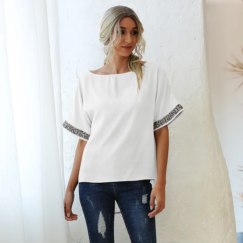 

Summer Women's Fashion Euro American Round Neck Solid Color Stitching Leopard Print New Chiffon Shirt A1022