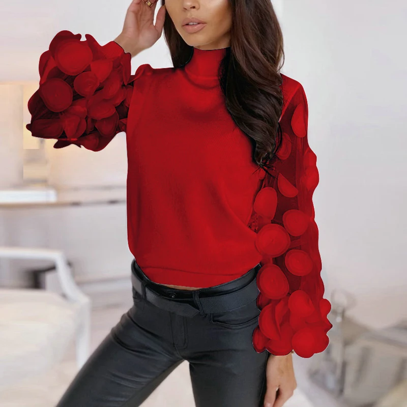 

Fashion Women Spring Autumn Shirts Dot Print Lace Shirts Women Through O-Neck Puff Sleeve Solid Color Slim Pullovers Top New