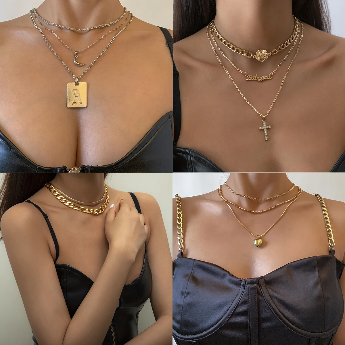 

Multilayer Simple Gold Punk Cross Heart Pendant Charms BABYGIRL Letters Hip Hop Collar Necklace for Women Female Street Gold