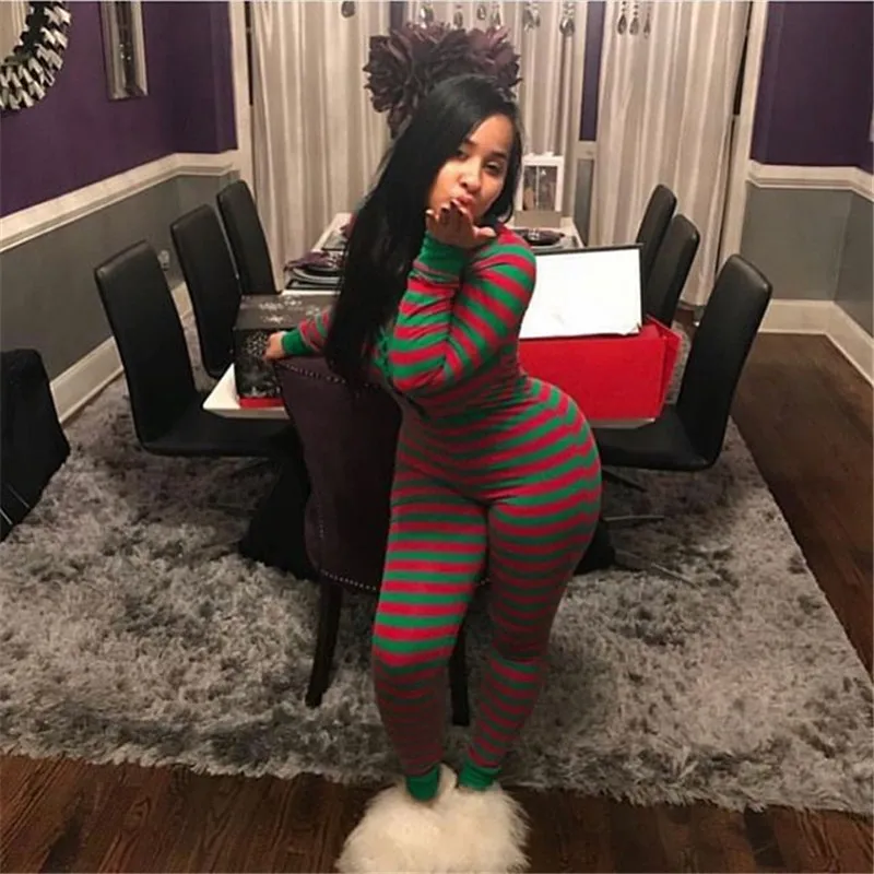 

Women's Household Romper, Sleeping Jumpsuit, Long Sleeve Elastic Christmas Style Striped Printed Home Wear