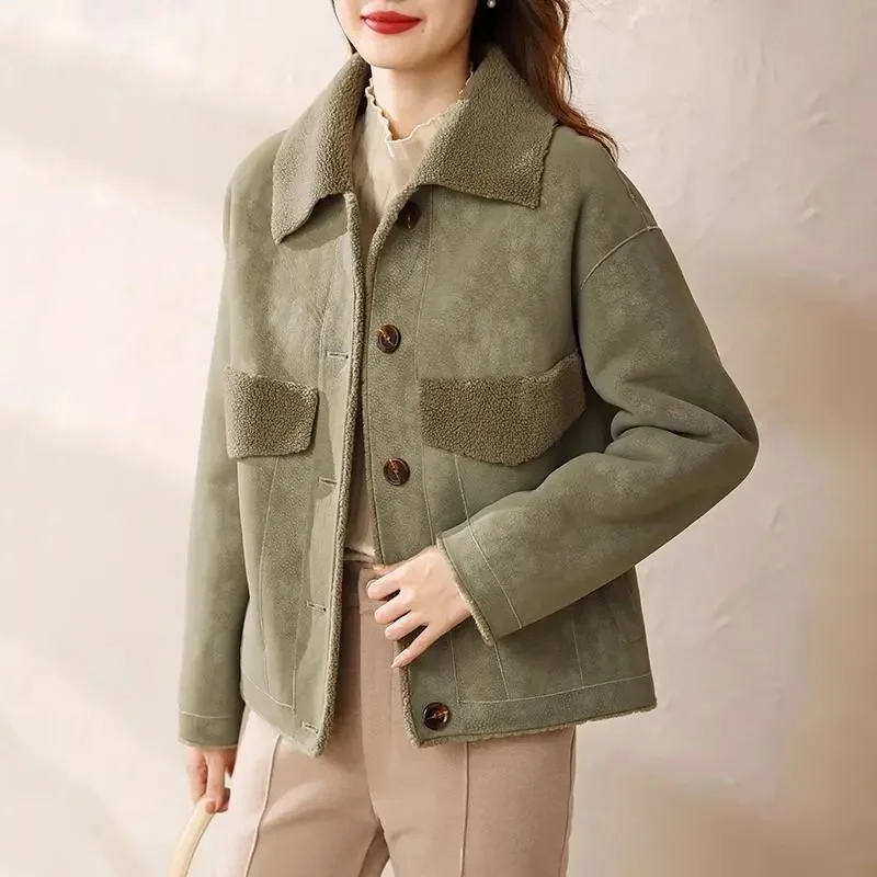 

Green Imitation Lamb Wool Short Jacket Women Winter Thick Warm Turn-Down Collar Buttons Loose Coat Female Fashion Casual Outwear