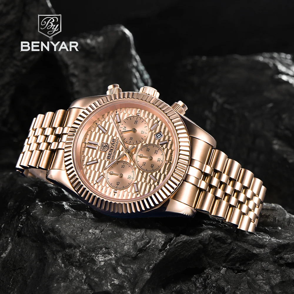 BENYAR Gold Men's Watches 2021 Top Brand Luxury Quartz Watch For Men Chronograph Stainless Steel Sport Waterproof Reloj Hombre