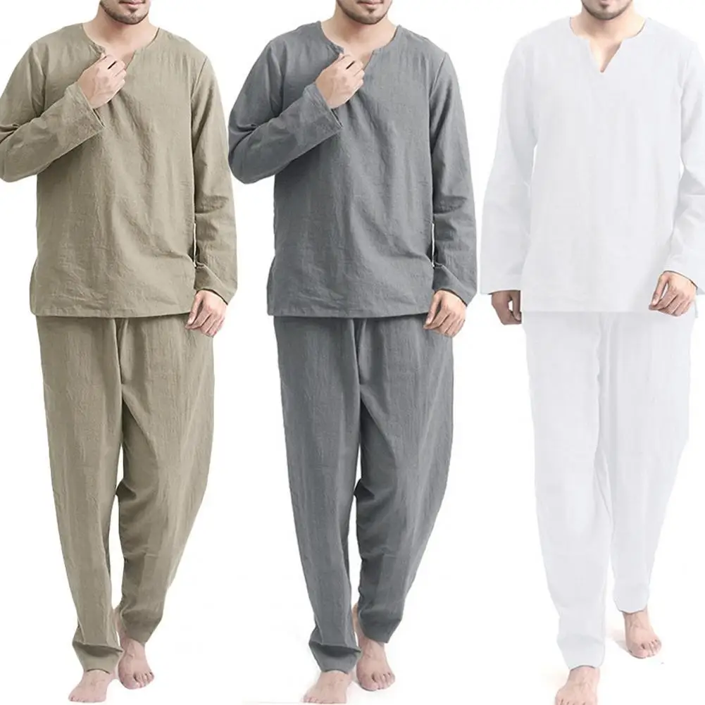 

Men Pajamas Solid Color Comfortable Loose V Neck Men Pajama Sets Sleeping Wearing Nightclothes Discolored Male Soft Nighty Suit