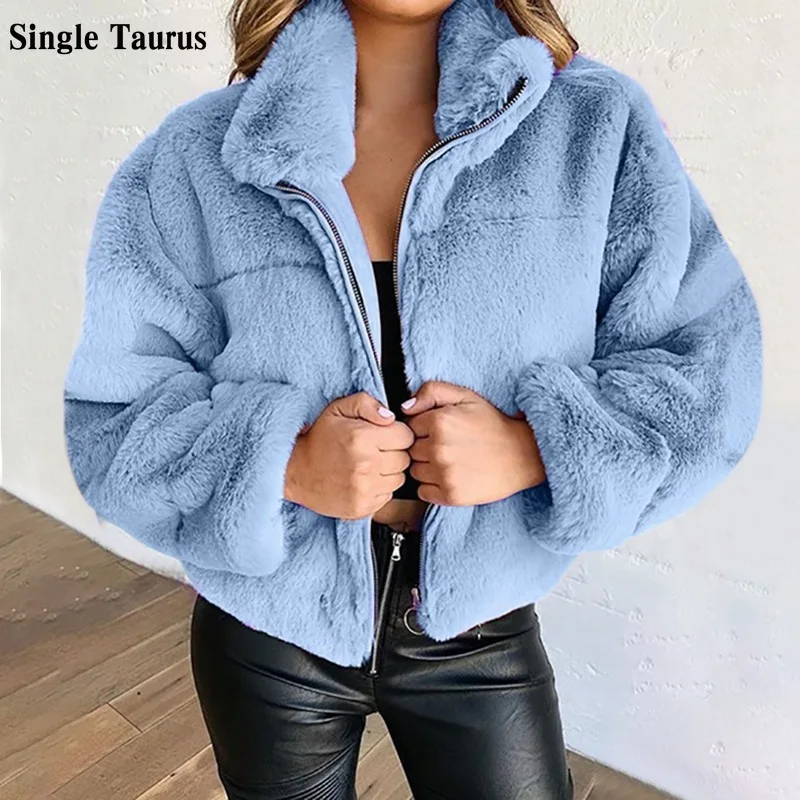 

Winter Plush Coat Women Zipper Fly Fashion Rabbit Fur Faux Fur Woman Jacket Short Length Thich Warm Fur Cropped Jacket Mujer
