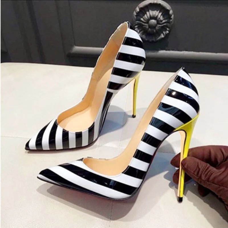 

Black And White Zebra Stripe Dress Shoes Pointed Toe Patent Leather Shallow Pumps 12CM 10CM 8CM Stiletto Heels Shoes Size 45