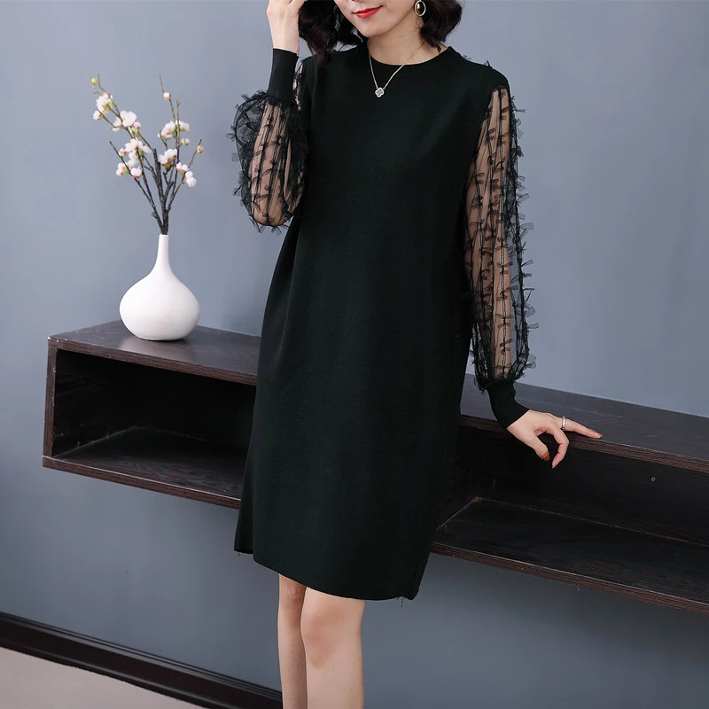 Основной гардероб черное кружевное лоскутное свободное трикотажное платье