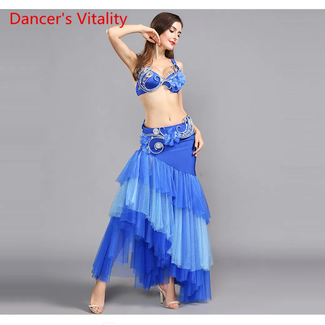 

Performance Women 3pcs Belly Dance Costume Set luxurious Bra+Long Skirt+Sleeves for Dance Girls free delivery