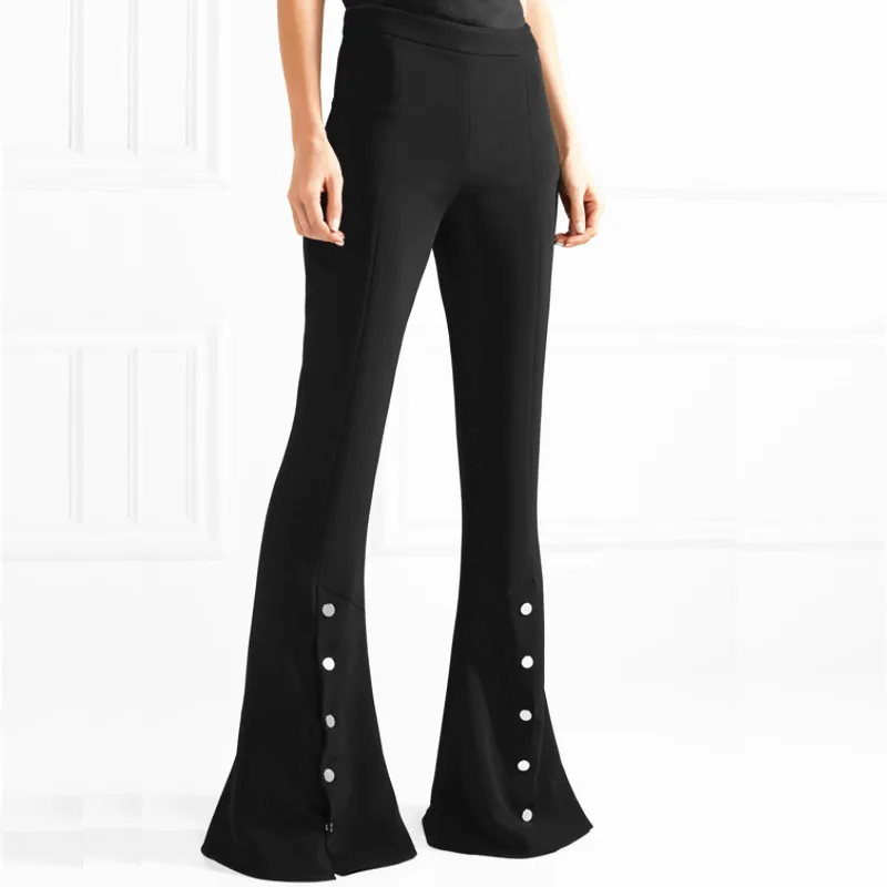 

Womens 2020 Summer Black High Waist Wrap Slim Fitness Trousers Femme Silver Button Split Flare Pants Elegant Office Lady